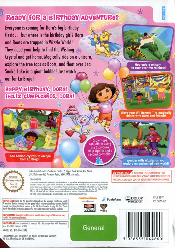Back Cover for Dora the Explorer: Dora's Big Birthday Adventure (Wii)
