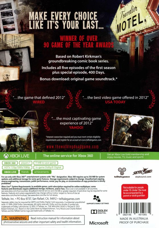 Back Cover for The Walking Dead: The Complete First Season Plus 400 Days (Xbox 360)