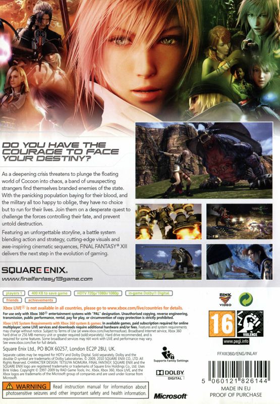 Back Cover for Final Fantasy XIII (Xbox 360)