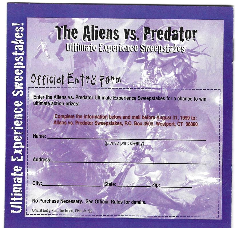 Extras for Aliens Versus Predator (Windows): Product Catalog - Back