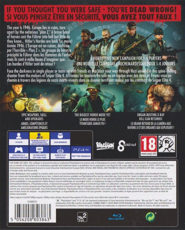 Back Cover for Zombie Army 4: Dead War (PlayStation 4)