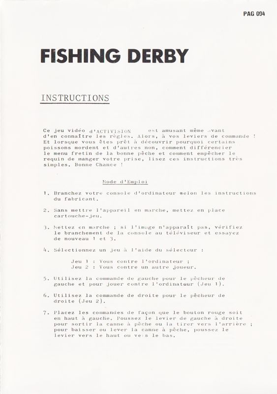 Manual for Fishing Derby (Atari 2600): French - Front