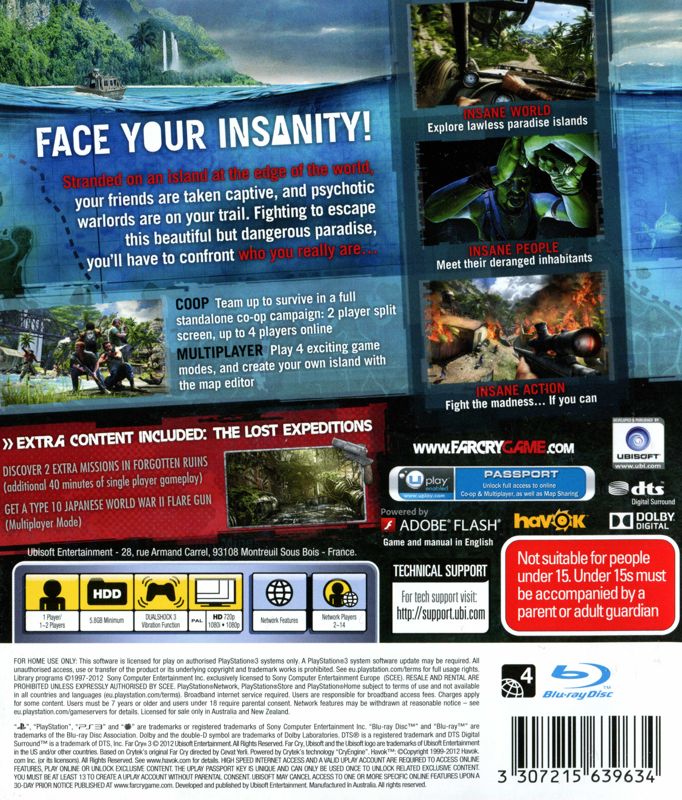 Back Cover for Far Cry 3 (The Lost Expeditions Edition) (PlayStation 3)