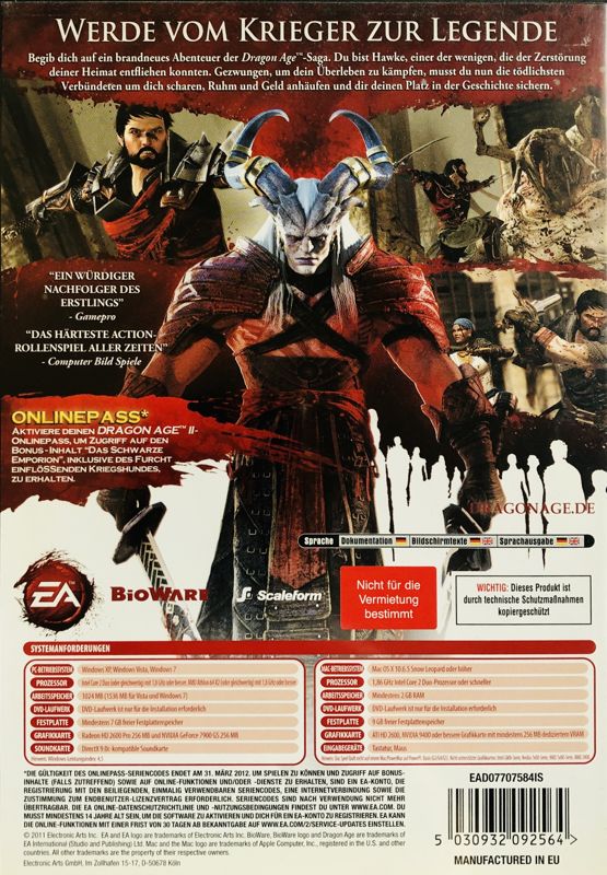 Back Cover for Dragon Age II (Macintosh and Windows)
