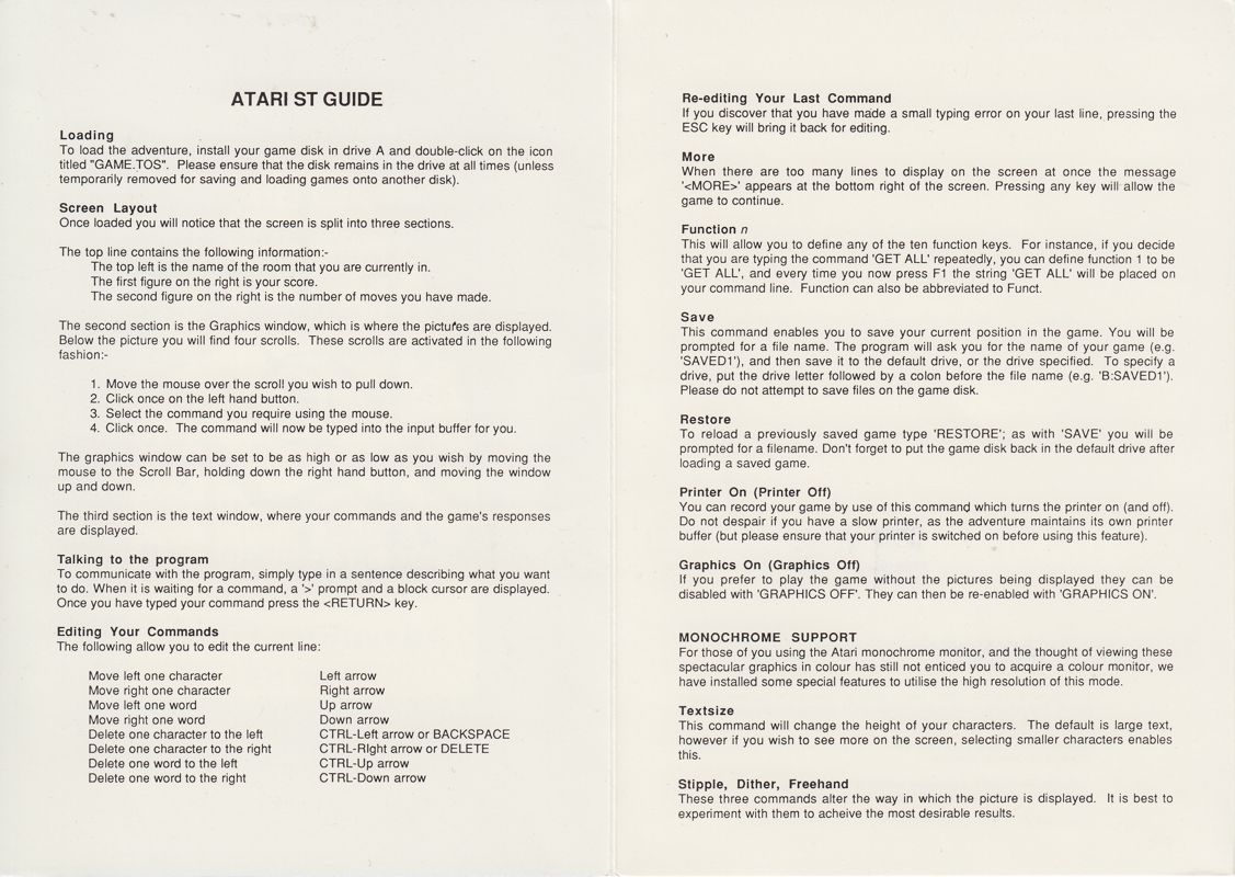 Reference Card for Jinxter (Atari ST): Adventurer Guide