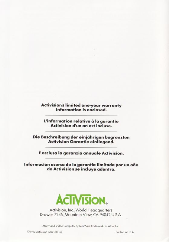Manual for Pitfall! (Atari 2600): Back
