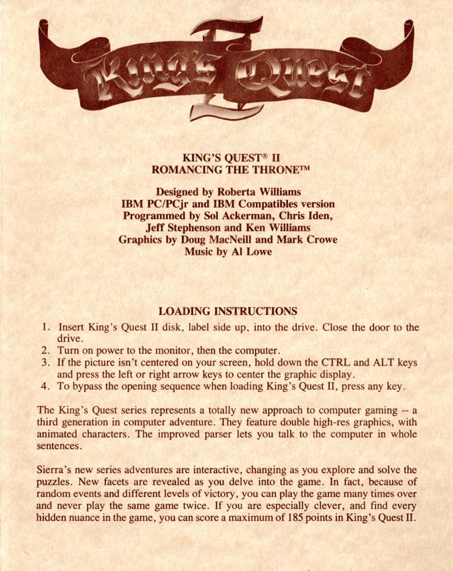 Reference Card for King's Quest II: Romancing the Throne (PC Booter)