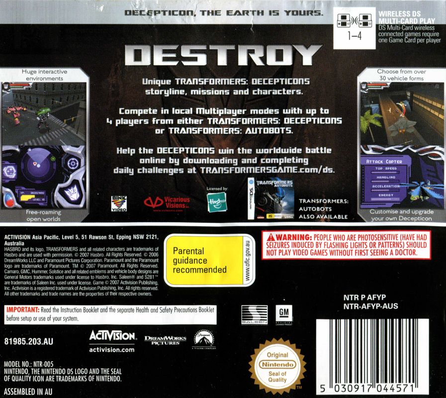 Back Cover for Transformers: Decepticons (Nintendo DS)