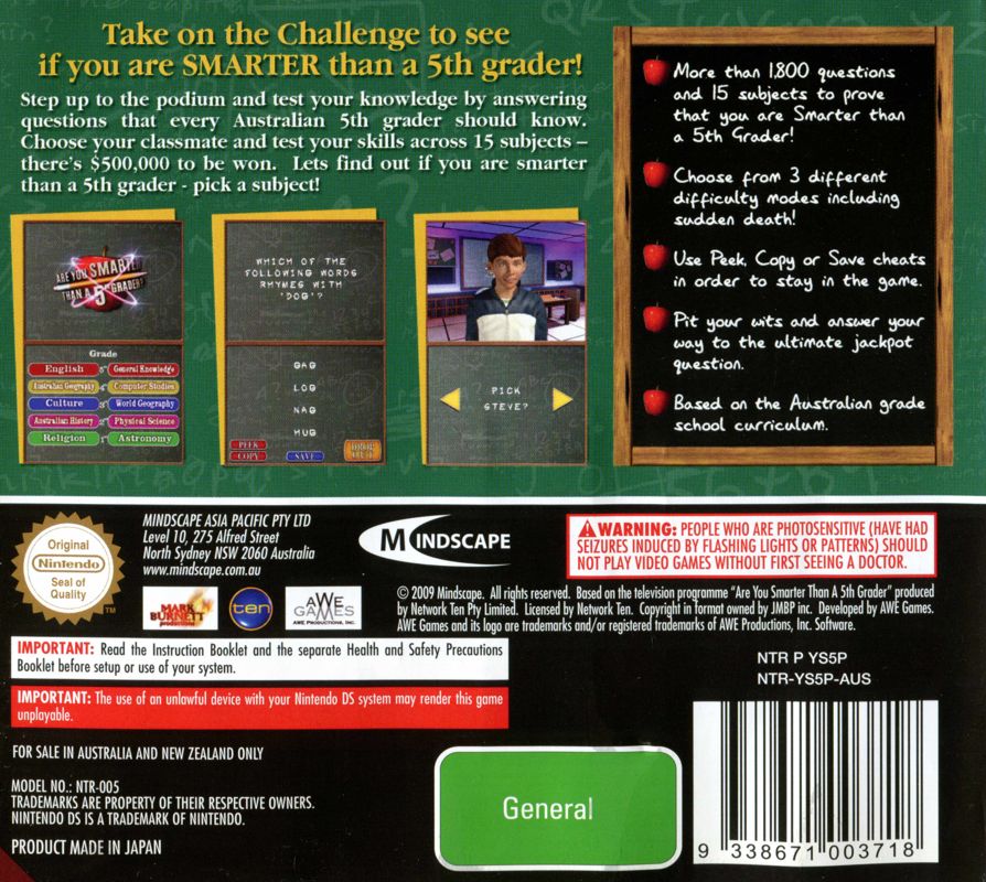 Back Cover for Are You Smarter Than a 5th Grader? (Nintendo DS)