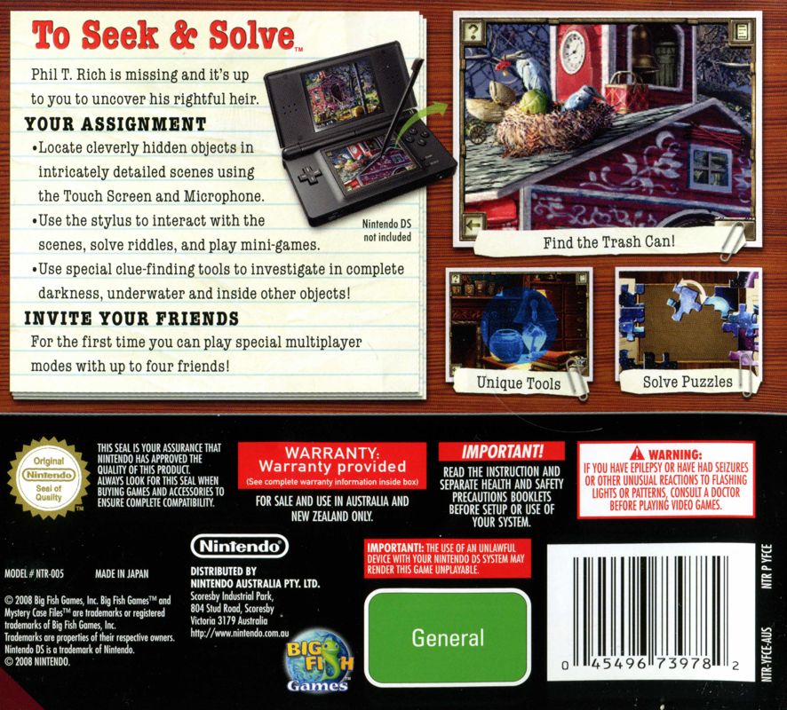 Back Cover for Mystery Case Files: MillionHeir (Nintendo DS)