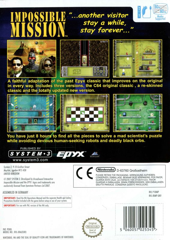 Back Cover for Impossible Mission (Wii)