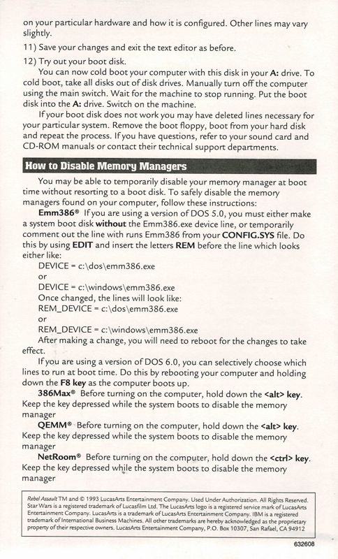 Reference Card for Star Wars: Rebel Assault (DOS) (Complete English Version): Back