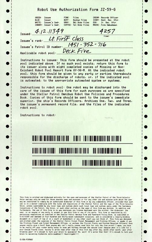 Extras for Stationfall (Apple II): Robot Use Authorization Form