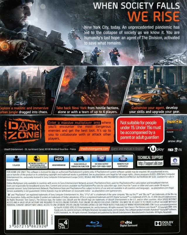 Back Cover for Tom Clancy's The Division (PlayStation 4)