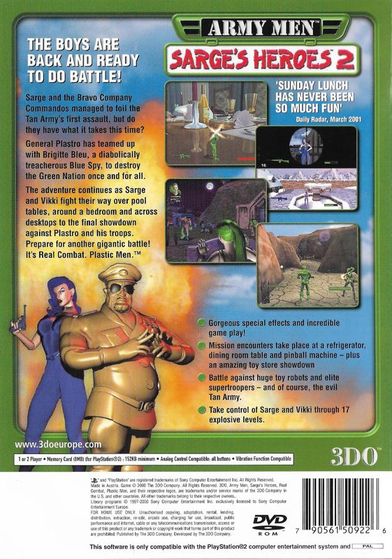 Back Cover for Army Men: Sarge's Heroes 2 (PlayStation 2)