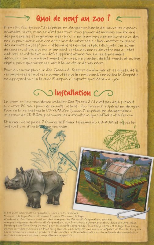 Reference Card for Zoo Tycoon 2: Endangered Species (Windows): Front (8-page/4-folded)