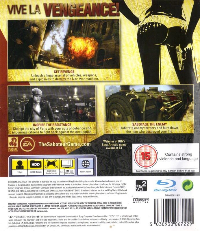 Back Cover for The Saboteur (PlayStation 3)