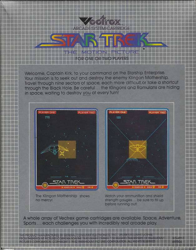 Back Cover for Star Trek: The Motion Picture (Vectrex)