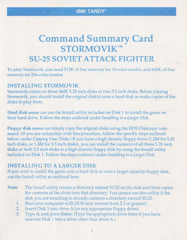 Reference Card for Stormovik: SU-25 Soviet Attack Fighter (DOS) (5.25" 3 disks release (#3983)): Command Summary booklet - Front (12-page)
