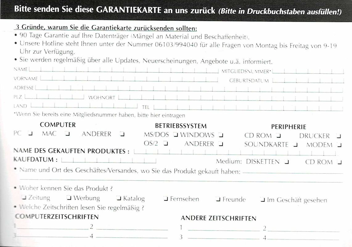 Extras for Caesar II (DOS and Windows): Registration Card - Back