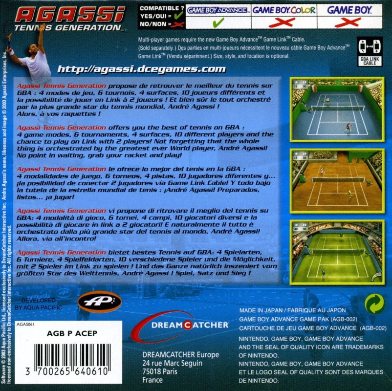 Back Cover for Agassi Tennis Generation (Game Boy Advance)