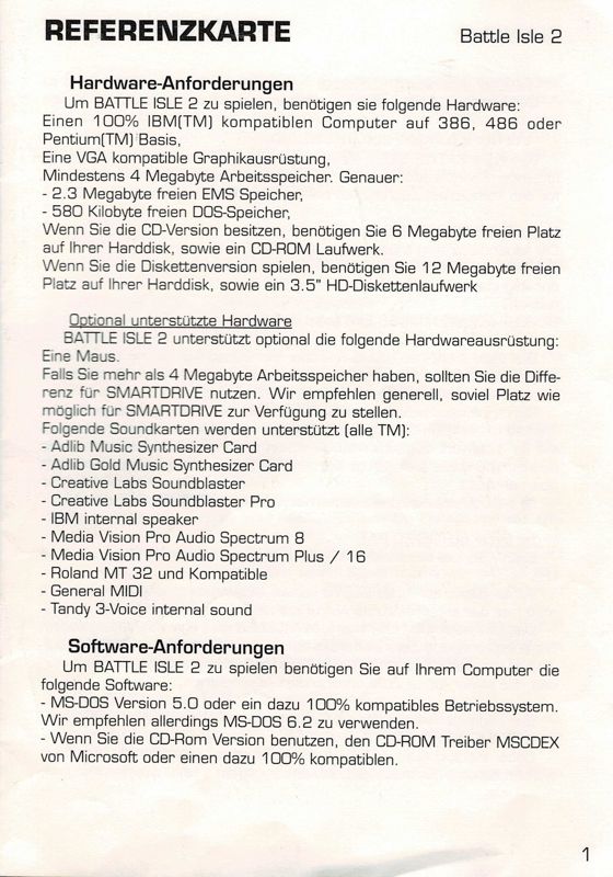 Reference Card for Battle Isle 2200 (DOS) (3,5'' Disk release): Front