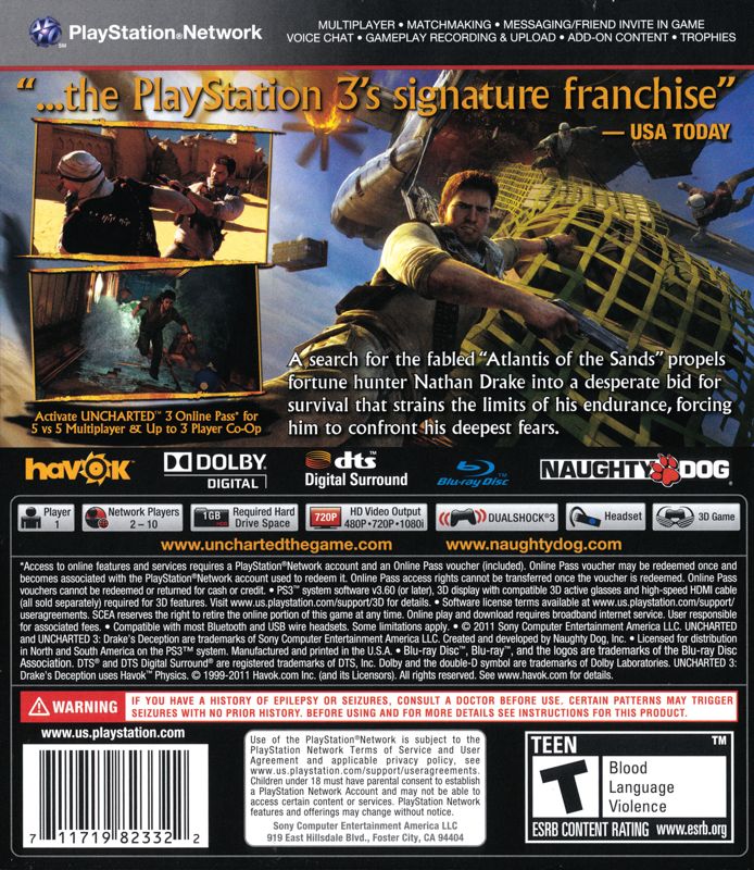 Back Cover for Uncharted 3: Drake's Deception (PlayStation 3)