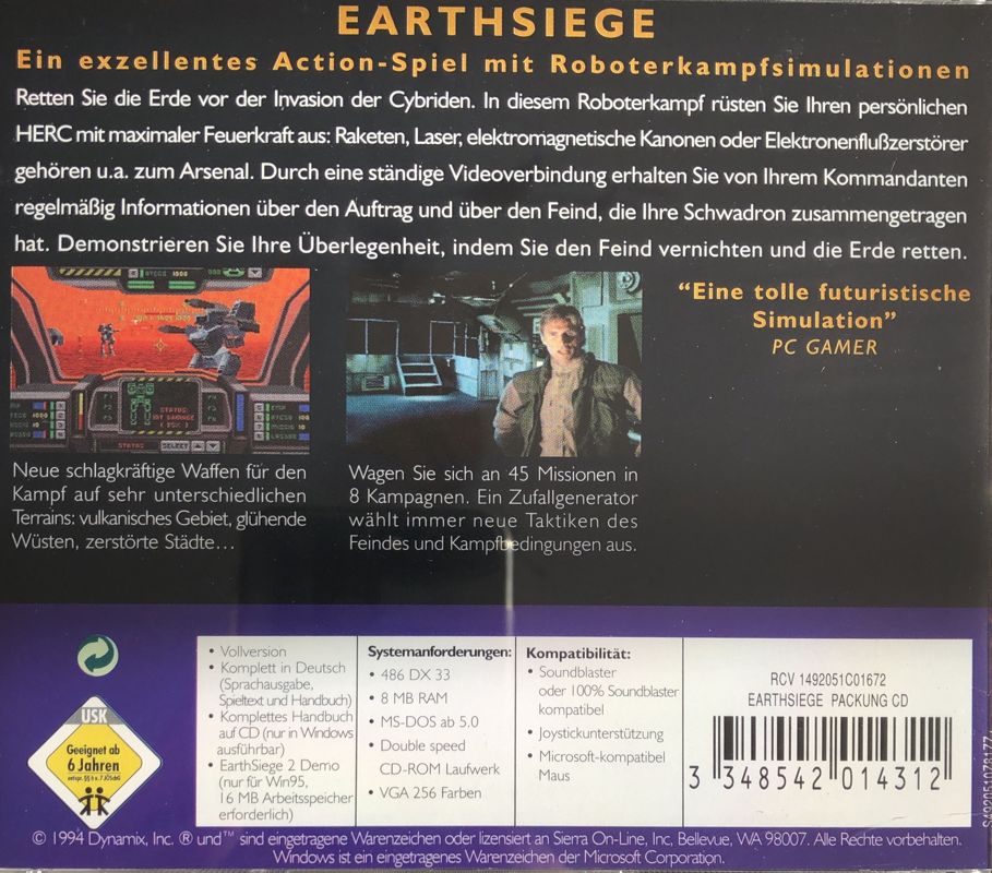 Other for Metaltech: EarthSiege (DOS) (Sierra Originals release): Jewel Case - Back
