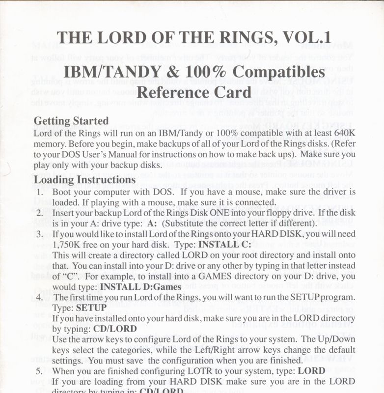 Reference Card for J.R.R. Tolkien's The Lord of the Rings, Vol. II: The Two Towers (DOS): Front