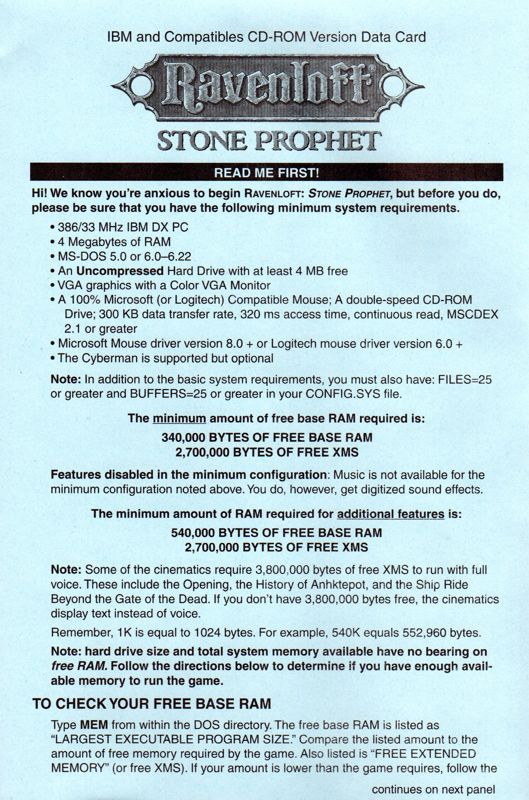 Reference Card for Ravenloft: Stone Prophet (DOS)