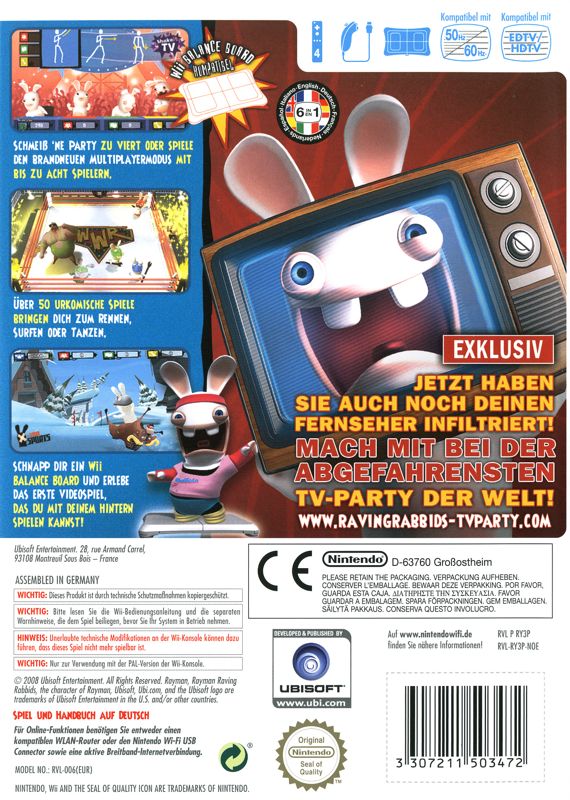 Rayman Raving Rabbids Back Cover Rayman: Raving Rabbids TV Party cover or packaging material - MobyGames
