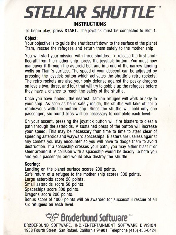 Manual for Stellar Shuttle (Atari 8-bit)