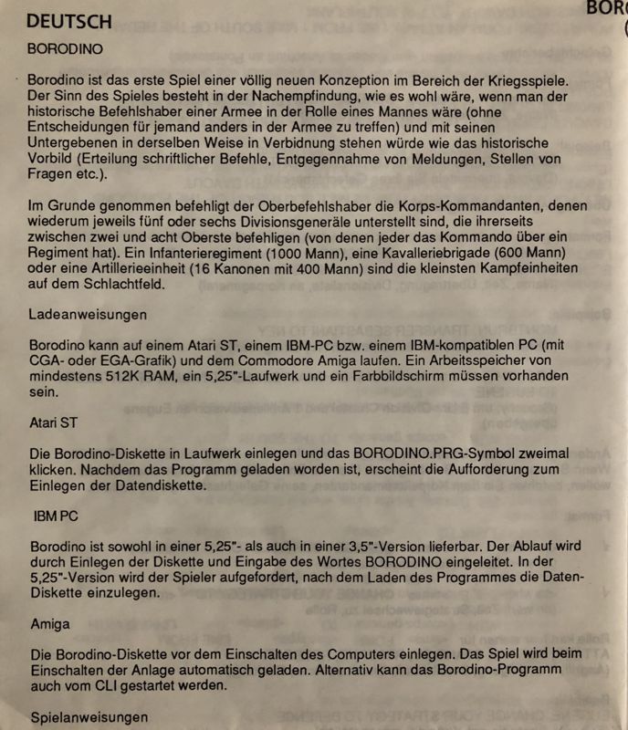 Manual for Borodino (Amiga): Advance Instructions