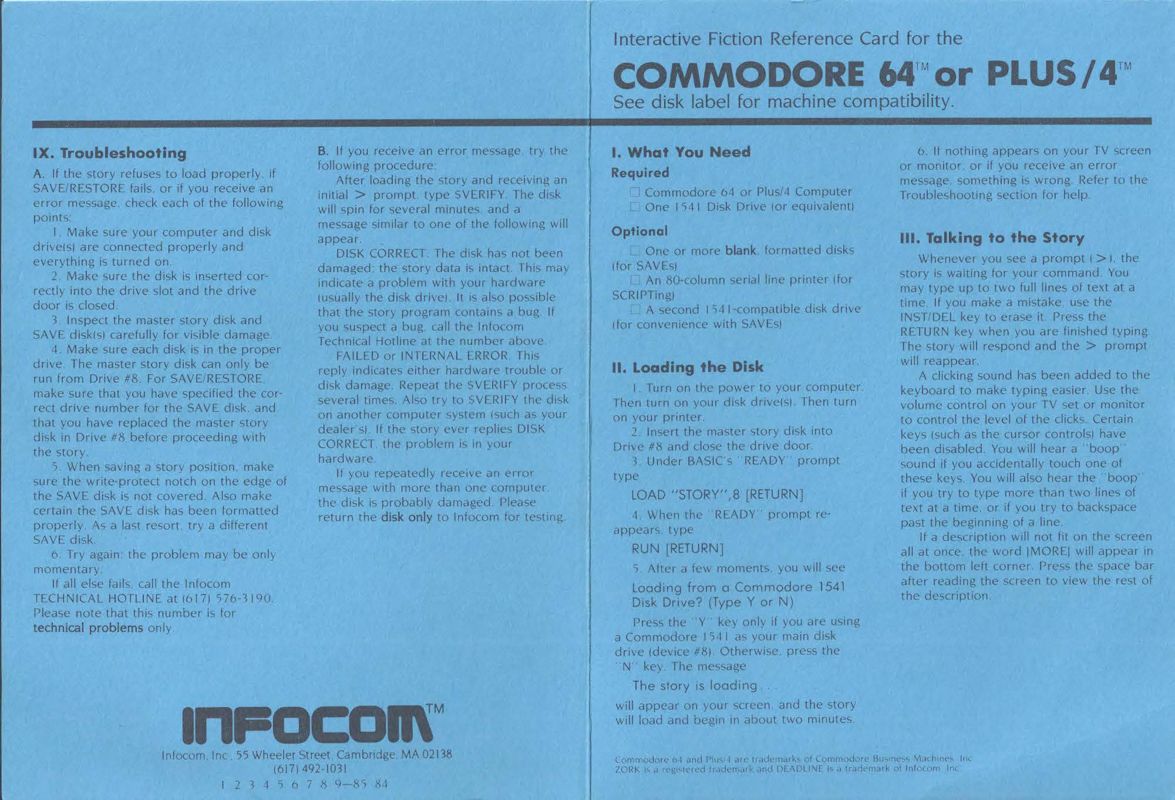 Reference Card for Leather Goddesses of Phobos (Commodore 64)