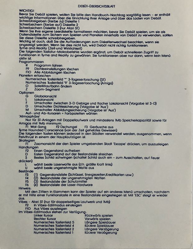 Reference Card for Début (Amiga): Overview Sheet