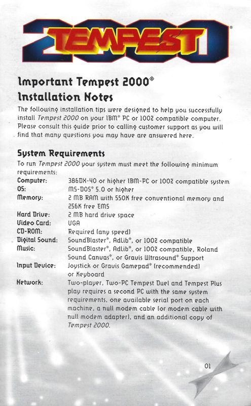 Reference Card for Tempest 2000 (DOS and Windows) (Atari Interactive release)