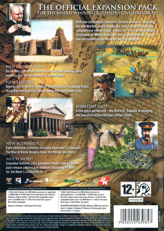 Back Cover for Sid Meier's Civilization IV: Warlords (Windows)