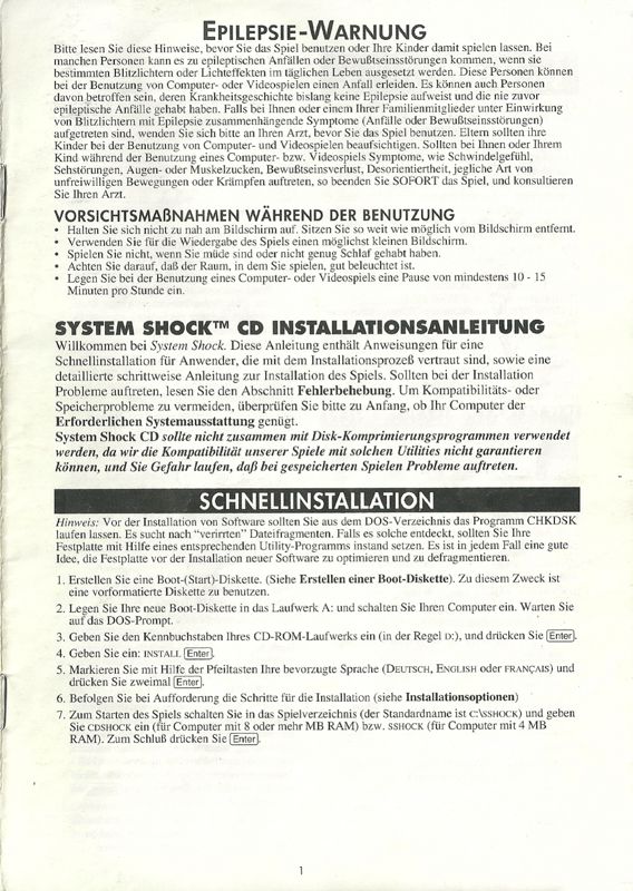 Reference Card for System Shock (DOS) (CD version): Install & Reference Card Front