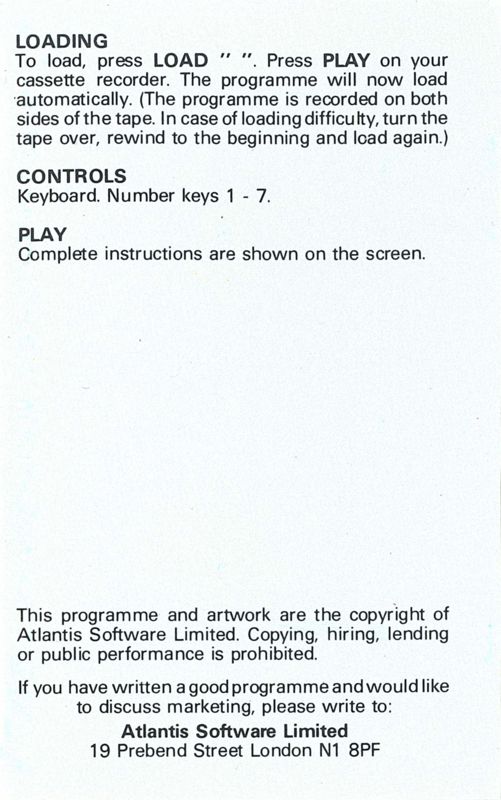 Inside Cover for Connect 4 (ZX Spectrum)