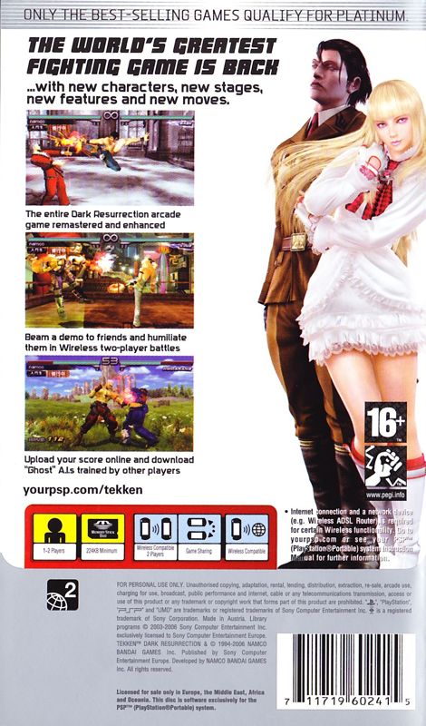 Back Cover for Tekken: Dark Resurrection (PSP) (European English Platinum release)