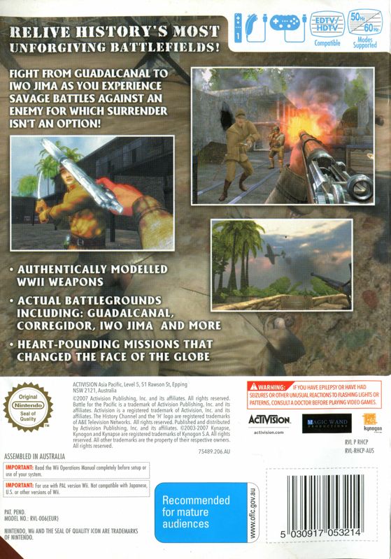 Back Cover for The History Channel: Battle for the Pacific (Wii)