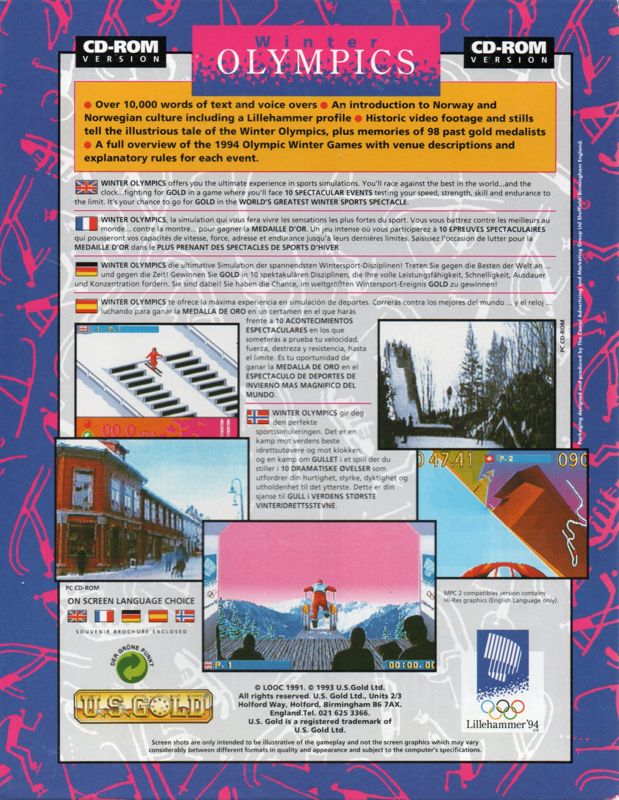 Back Cover for Winter Olympics: Lillehammer '94 (DOS) (CD-ROM Release)