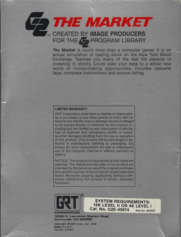 Back Cover for The Market (TRS-80)