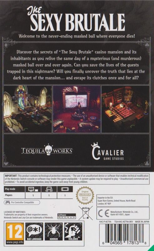Back Cover for The Sexy Brutale (Nintendo Switch) (Super Rare Games #30)