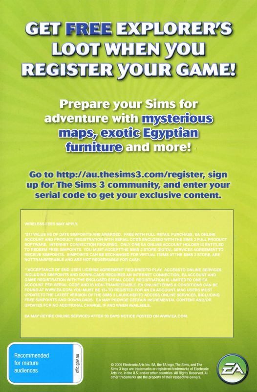 Advertisement for The Sims 3: World Adventures (Macintosh and Windows): Back