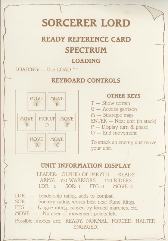 Reference Card for Sorcerer Lord (ZX Spectrum): front