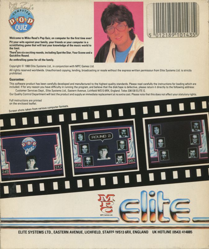 Back Cover for Mike Read's Computer Pop Quiz (DOS)