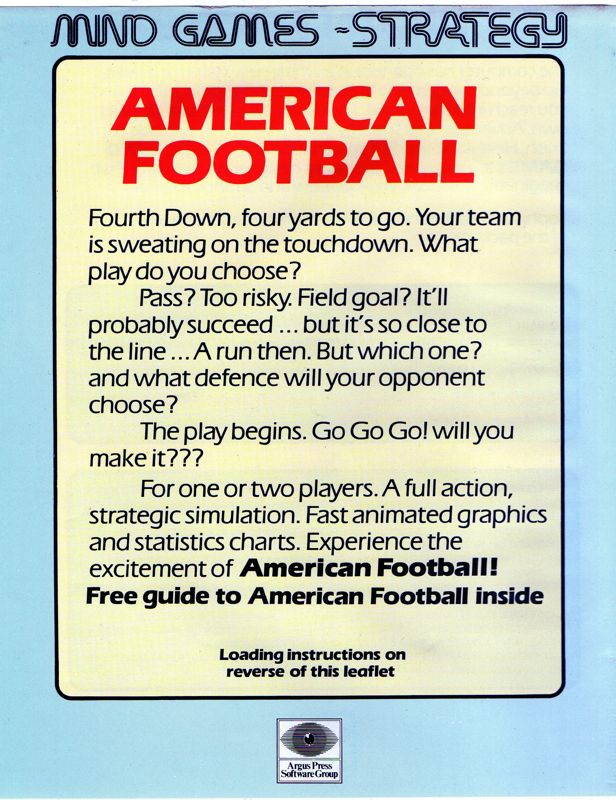 Back Cover for American Football (Commodore 64)