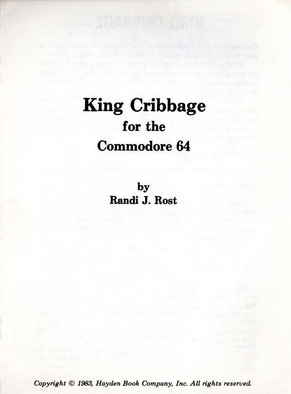 Manual for King Cribbage (Commodore 64): Front