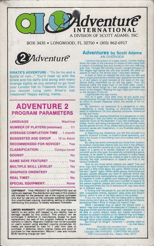 Back Cover for Pirate Adventure (Atari 8-bit)